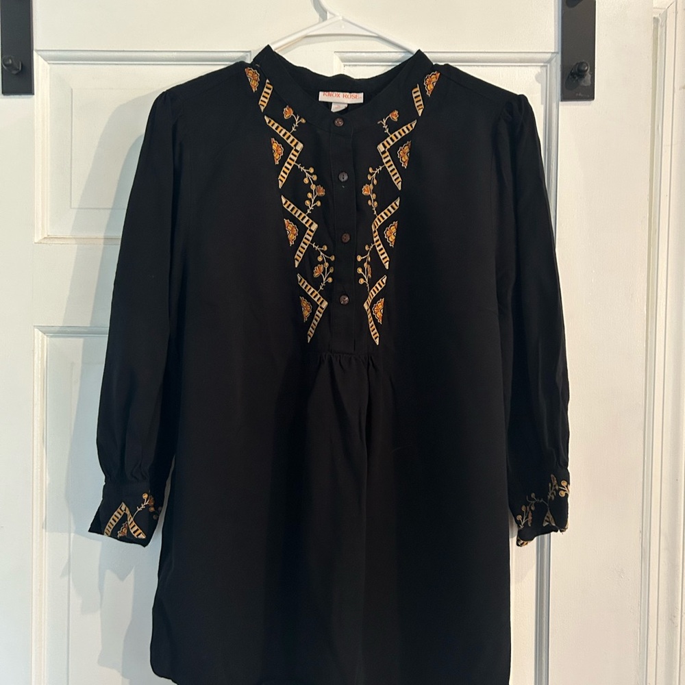 Black Embroidered Tunic Top with Gold Accent